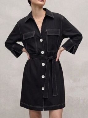 Zara Basic Black Button Down Shirtdress Size Small Cargo Pocket Belted Dress Y2K